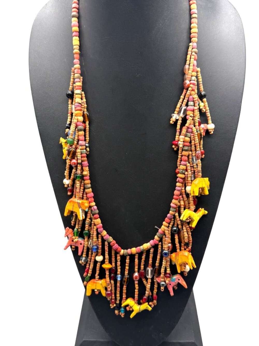 Vintage Bib Necklace or Belt Hand-Carved Wooden Animals Etnic Tribal 36 inches